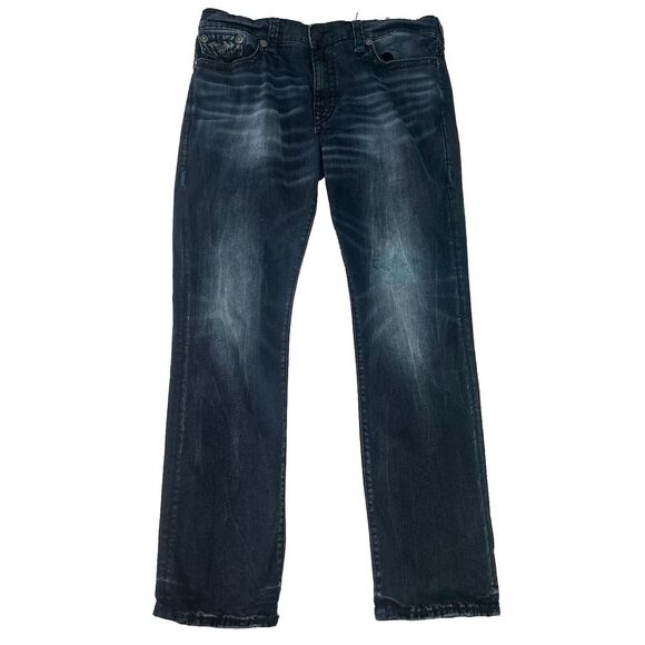 True Religion Ricky Flap Relaxed Straight Men's Jeans Size 40x34 Dark Blue Denim - Picture 1 of 11